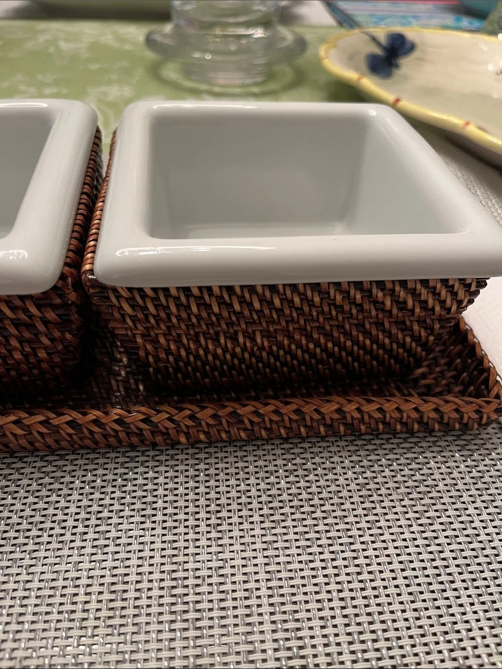 Williams Sonoma White Ceramic Triple Server with Woven Tray